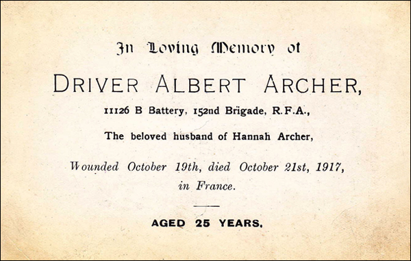 Archer Albert Memorial Card
